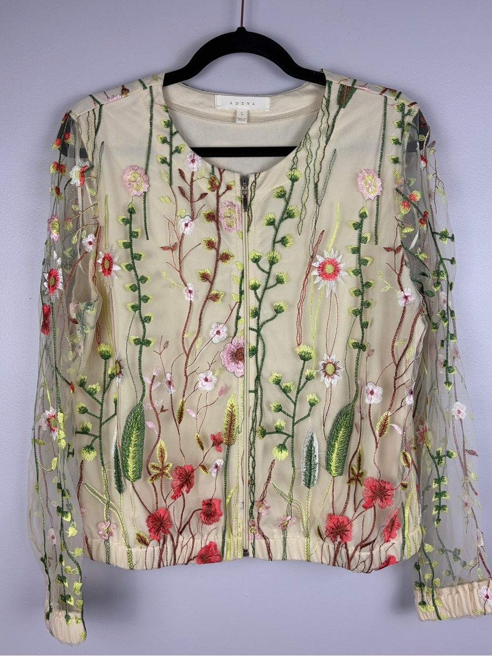 Adiva Floral Embroidered Mesh Bomber Jacket Ivory Large